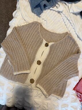 Chunky Knit Beige and Cream Button-Front Sweater